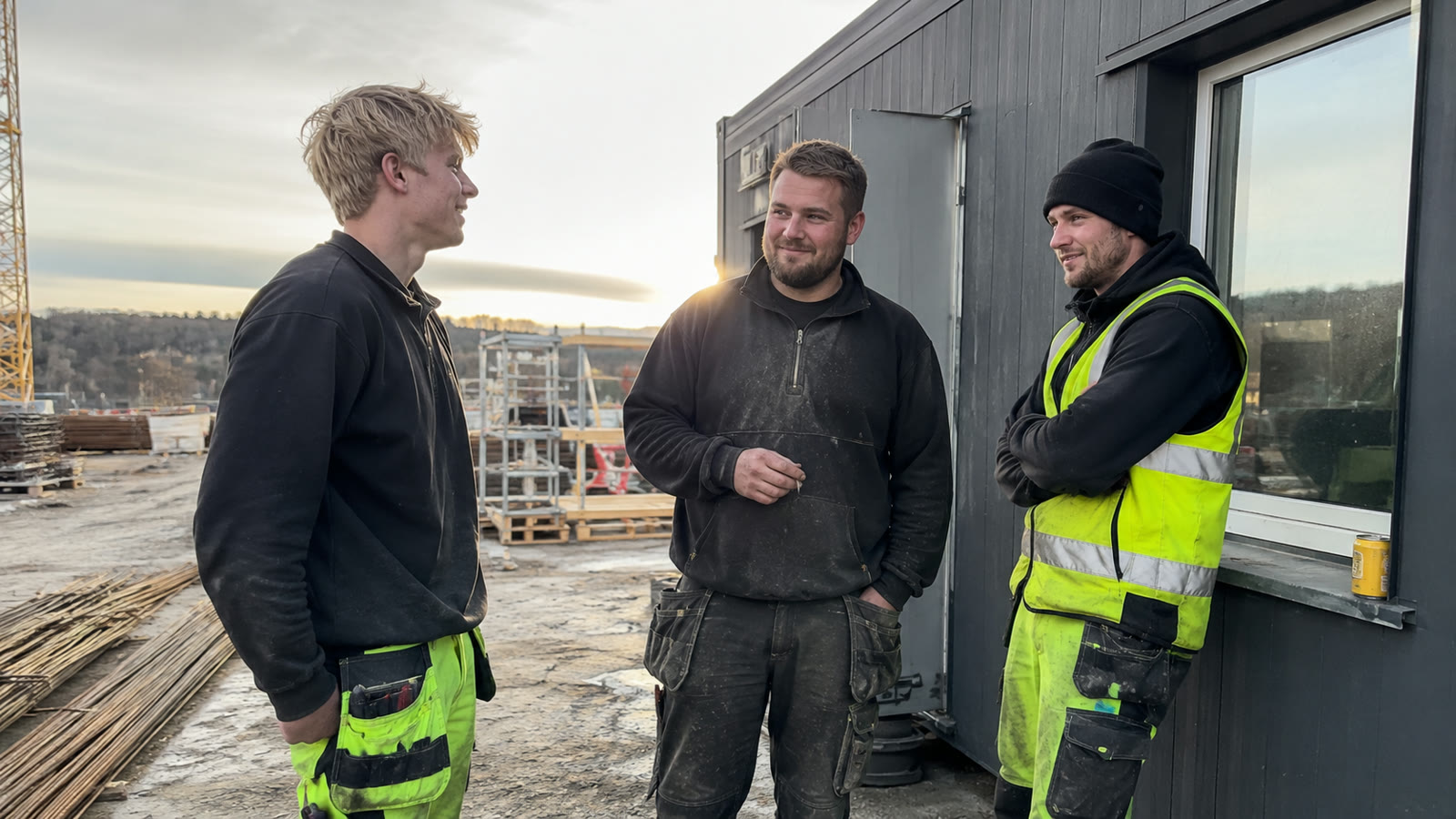 Tre håndværkere står og snakker ved skurvognen efter fyraften