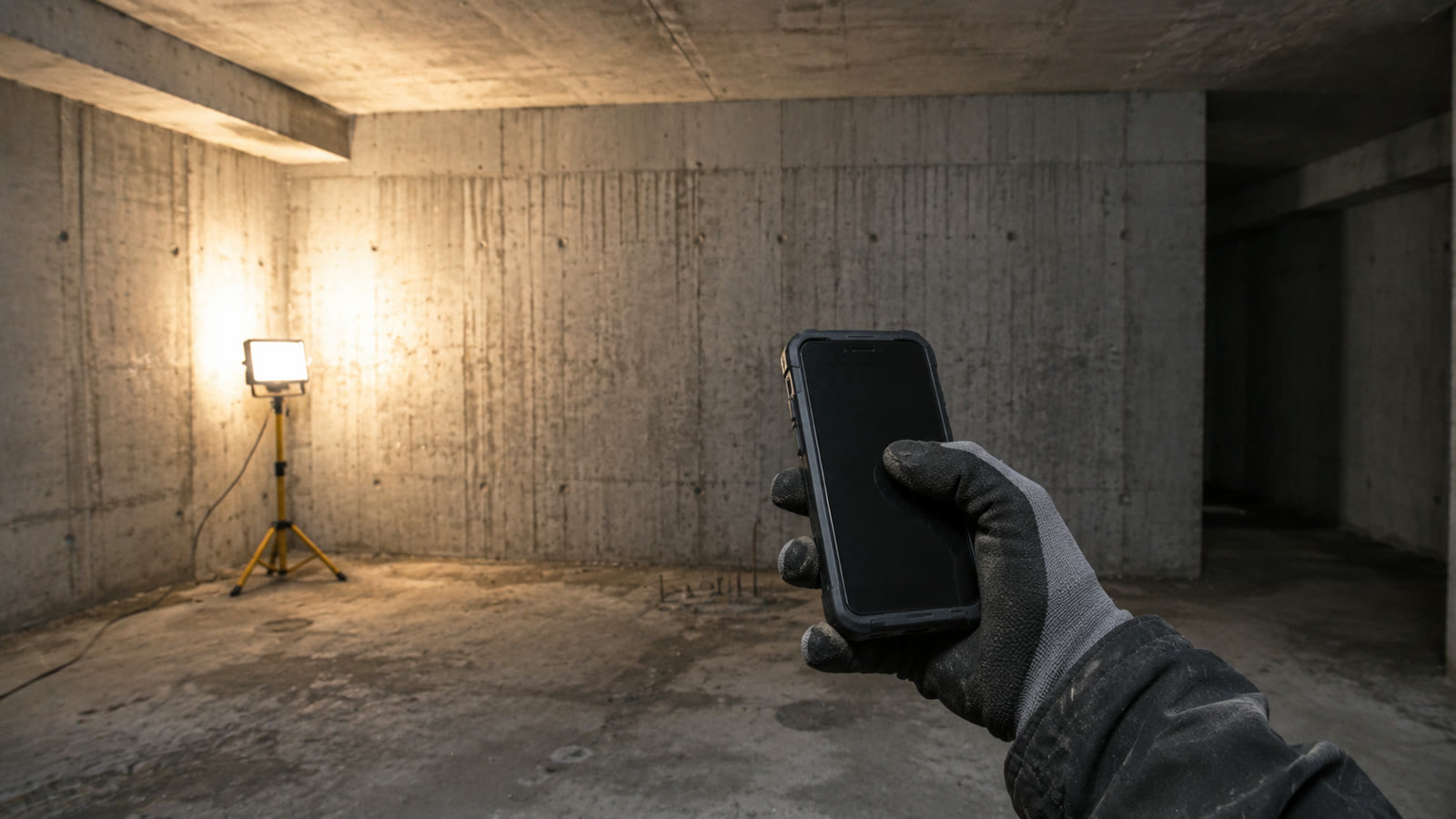 Hånd med handske holder en telefon i en rå kælder med én arbejdslampe
