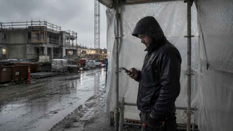 Håndværker i regntøj tjekker telefonen i læ under en presenning på en regnvåd plads