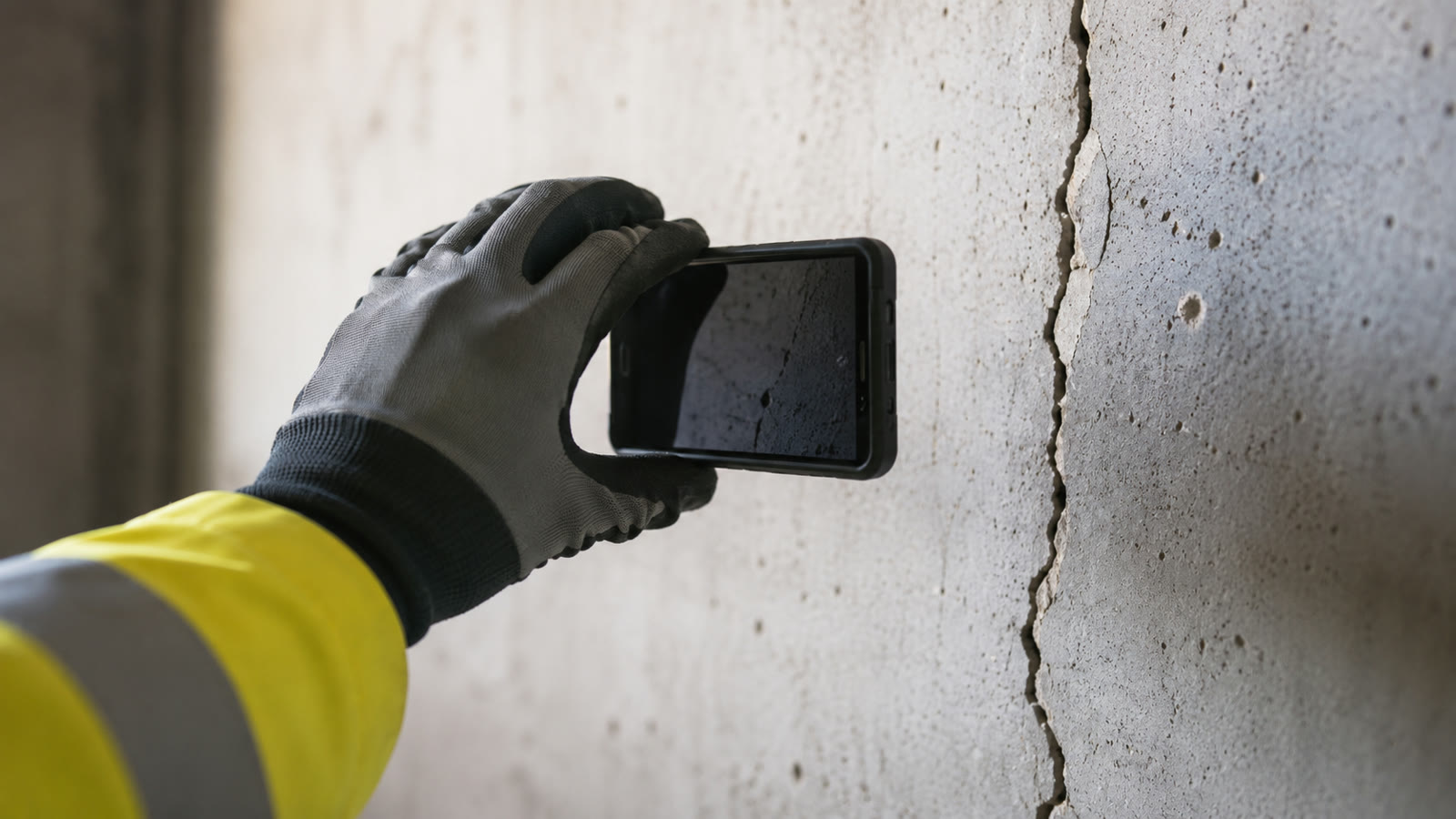 Hånd i arbejdshandske fotograferer en revne i en betonvæg med en telefon